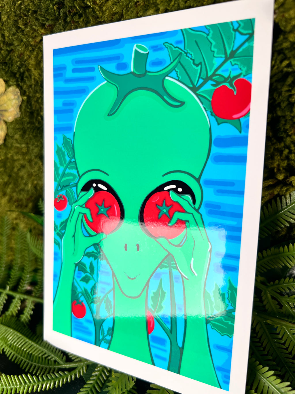 “Tomato Eyes” Alien Art Print 2026 | Cosmic Character Hold Tomatoes | Cel-Shaded Art | Multiple Sizes | SWCreationZ