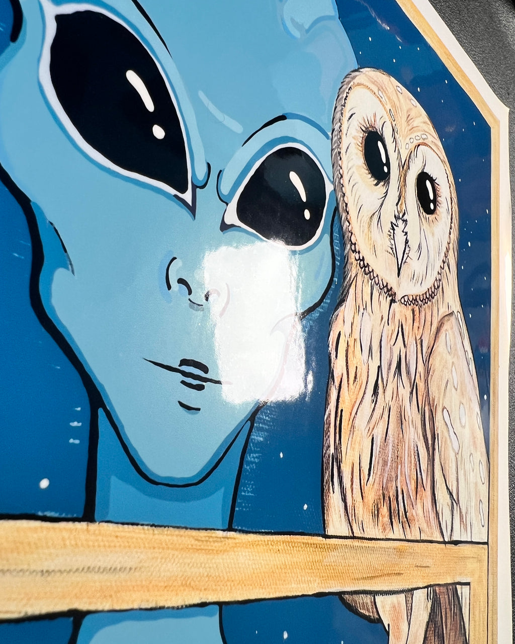 “The Watcher” 2025 Art Print | Alien and Owl Art Print | Alien and Owl in Window