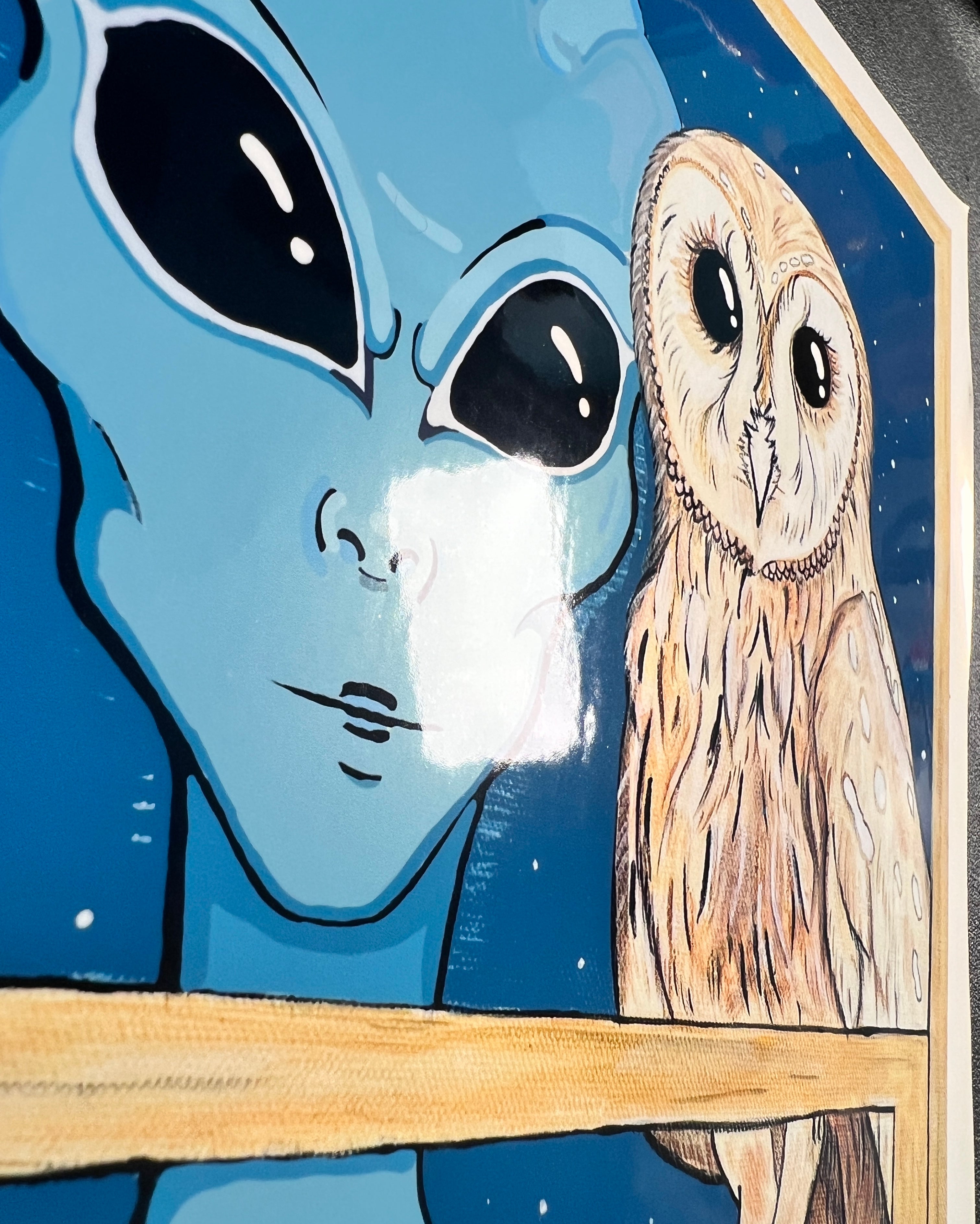 “The Watcher” 2025 Art Print | Alien and Owl Art Print | Alien and Owl in Window