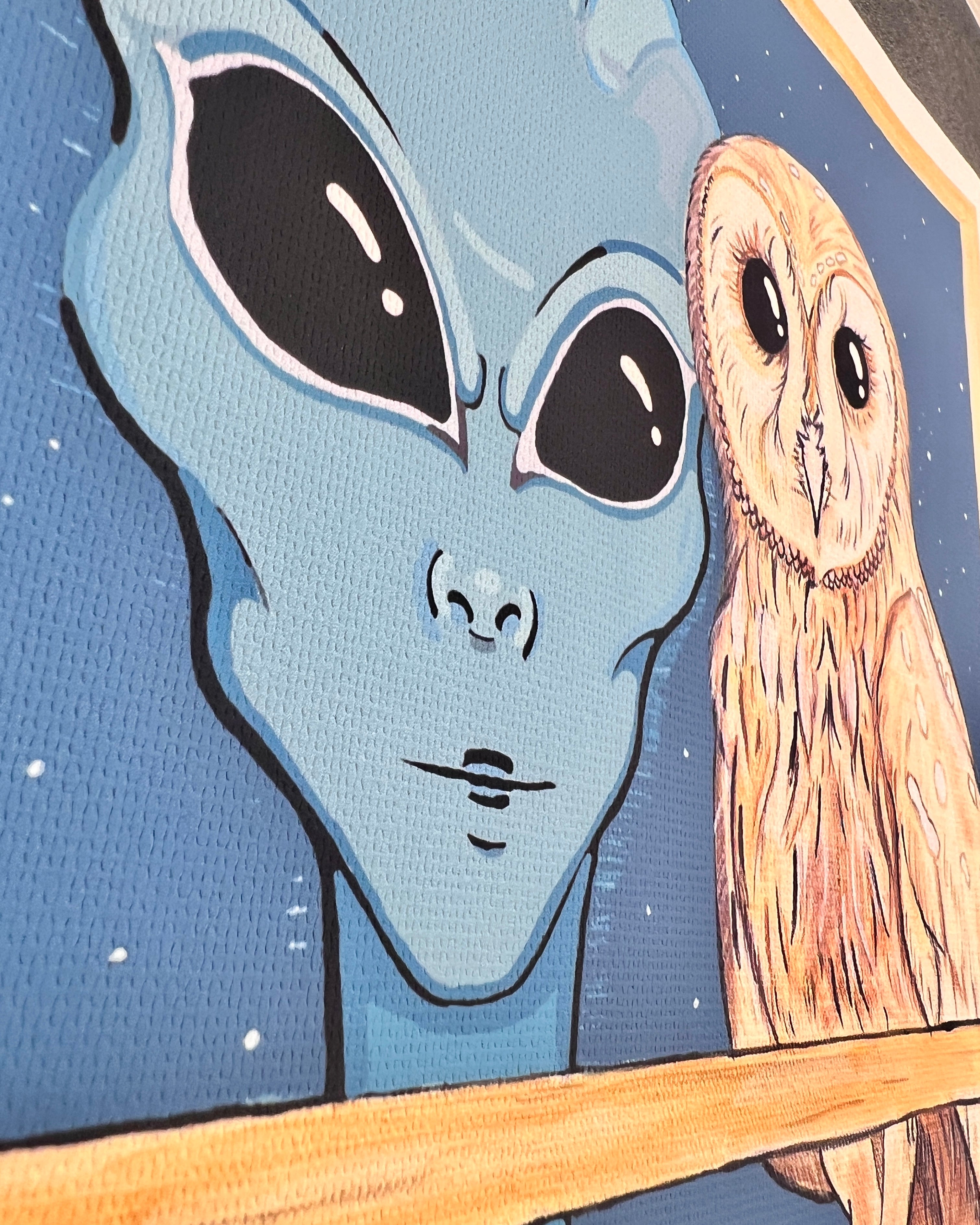 “The Watcher” 2025 Art Print | Alien and Owl Art Print | Alien and Owl in Window