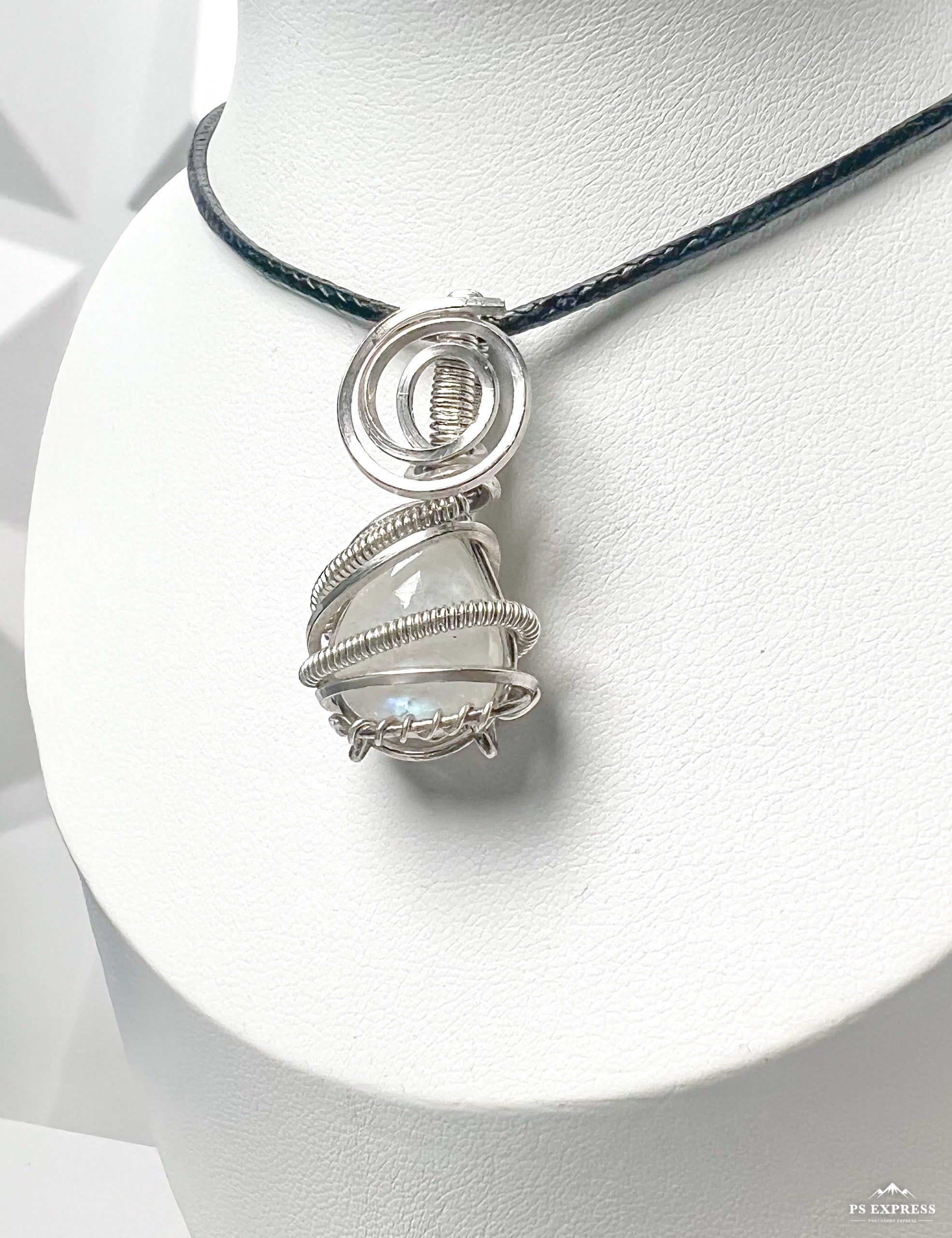 Sterling Silver Wire-Wrapped Moonstone Pendant – Handmade Necklace with Stainless Steel Chain