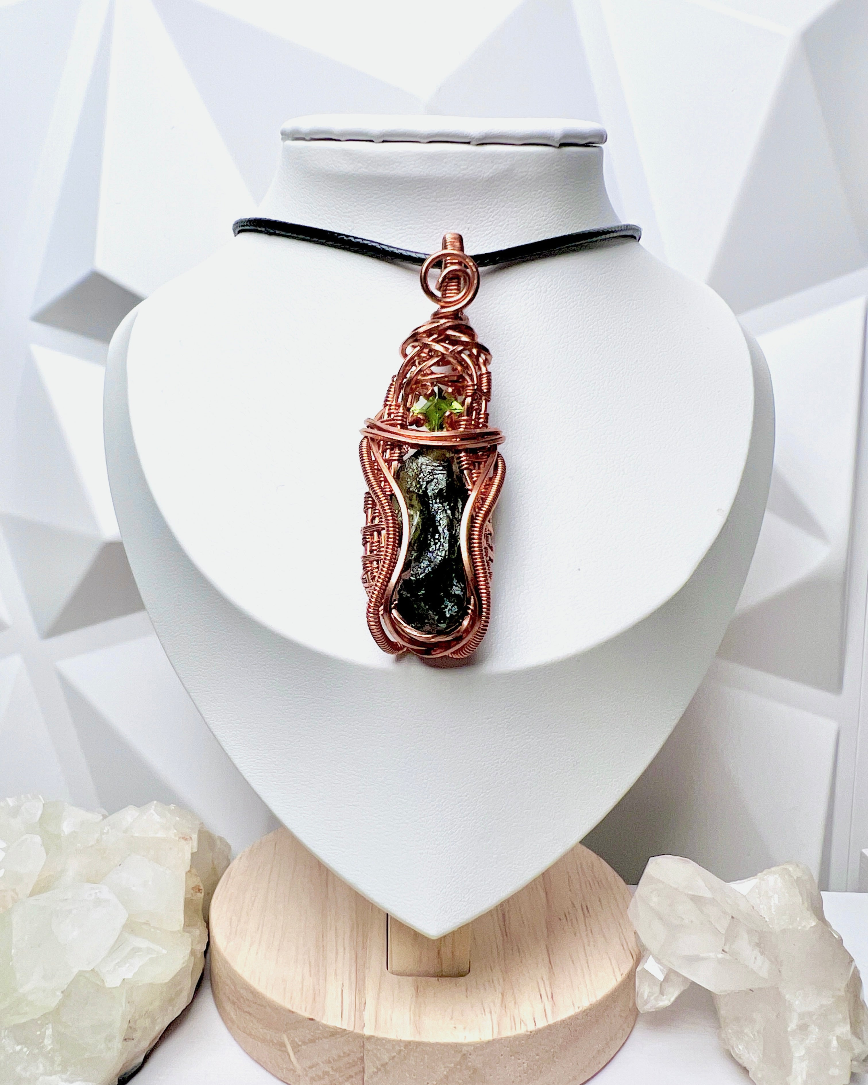 Raw Moldavite & Peridot Copper Wire Wrap Pendant | Handmade Copper Wire Wrapped Raw Moldavite Necklace with Peridot Accent