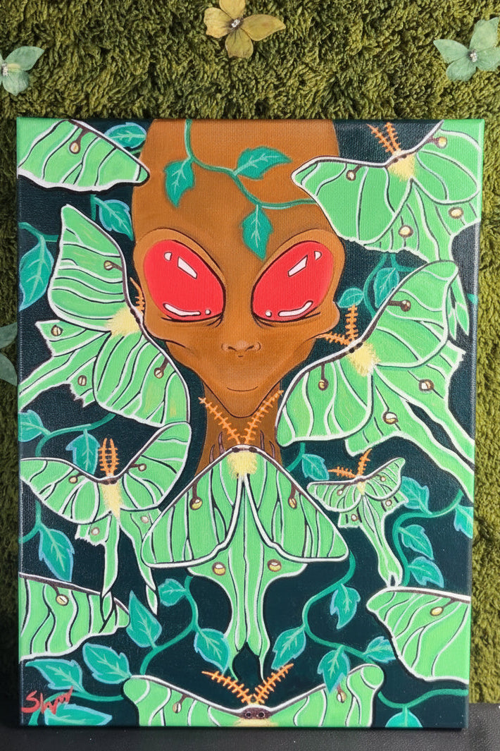 Original “Nocturnal” Painting 2026| Luna Moth and Alien Painting| Red-Eyed Insectoid | Cel-Shaded Cosmic Art | 12 x 16 in Acrylic on Stretch Canvas| SWcreationZ