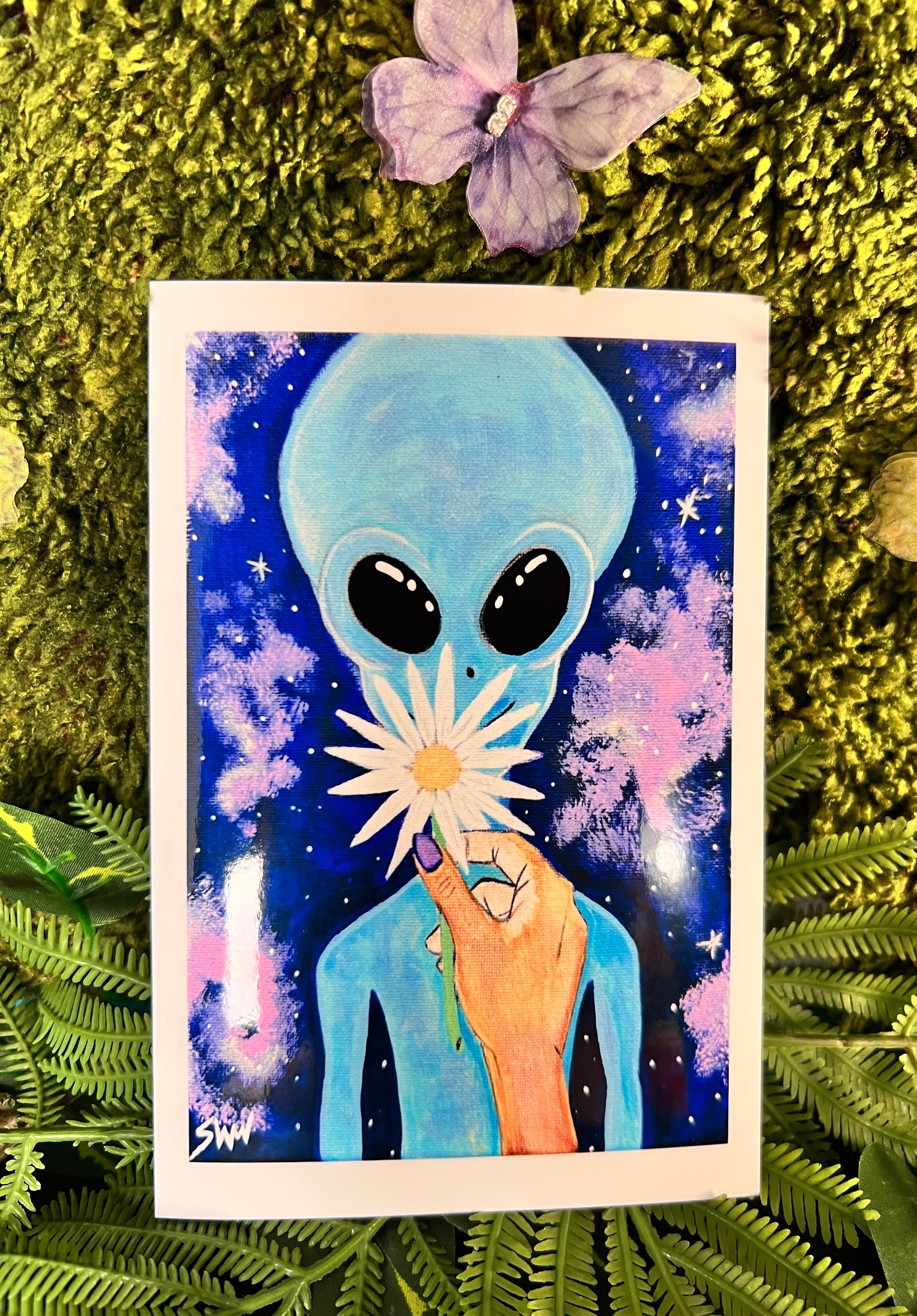 “Blue” Alien Art Print 2026 | Cosmic Blue Alien With Flower | Cel-Shaded Pop-Surrealism | 4 x 6 Inch Art Print | SWCreationZ