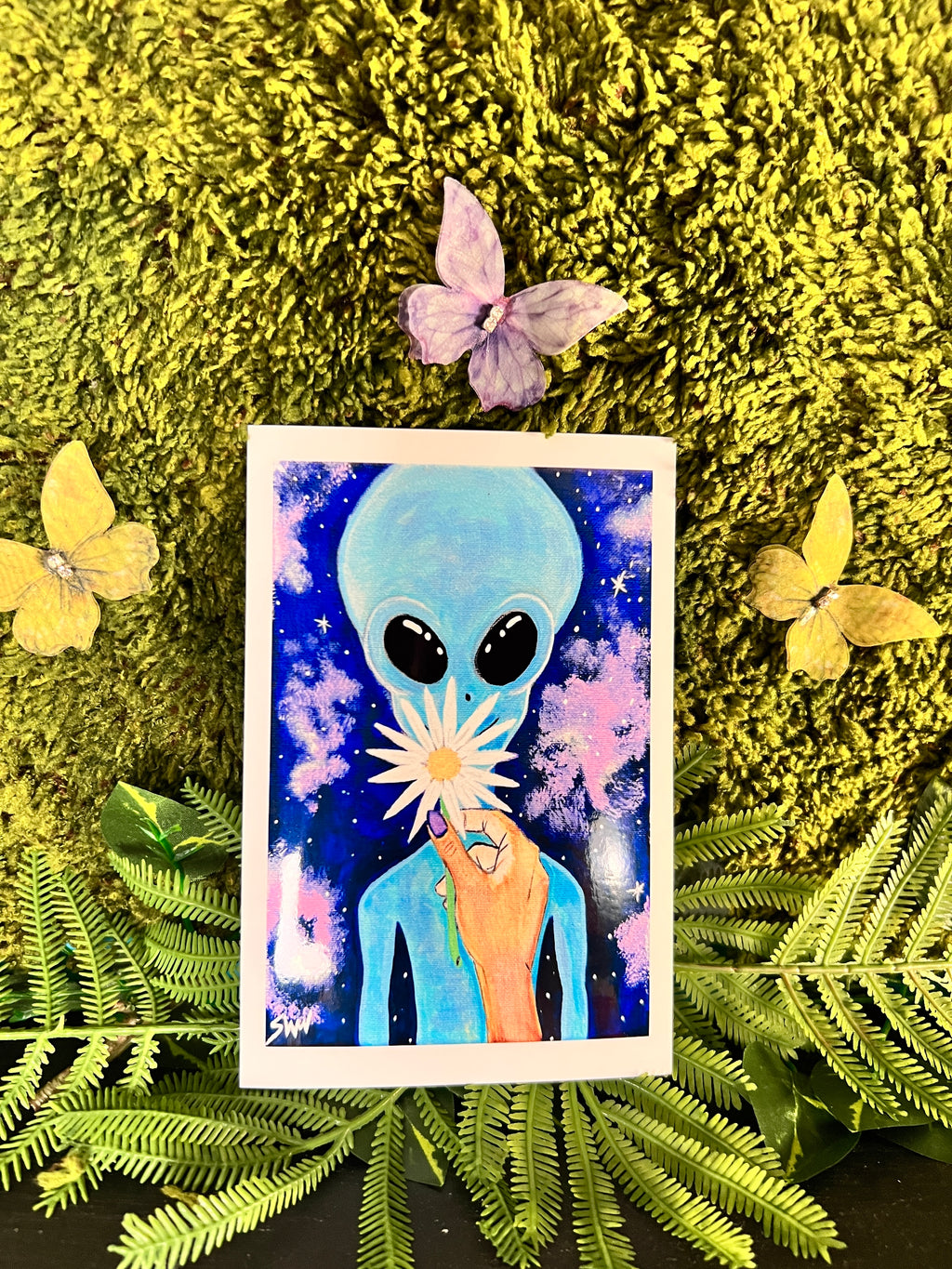 “Blue” Alien Art Print 2026 | Cosmic Blue Alien With Flower | Cel-Shaded Pop-Surrealism | 4 x 6 Inch Art Print | SWCreationZ