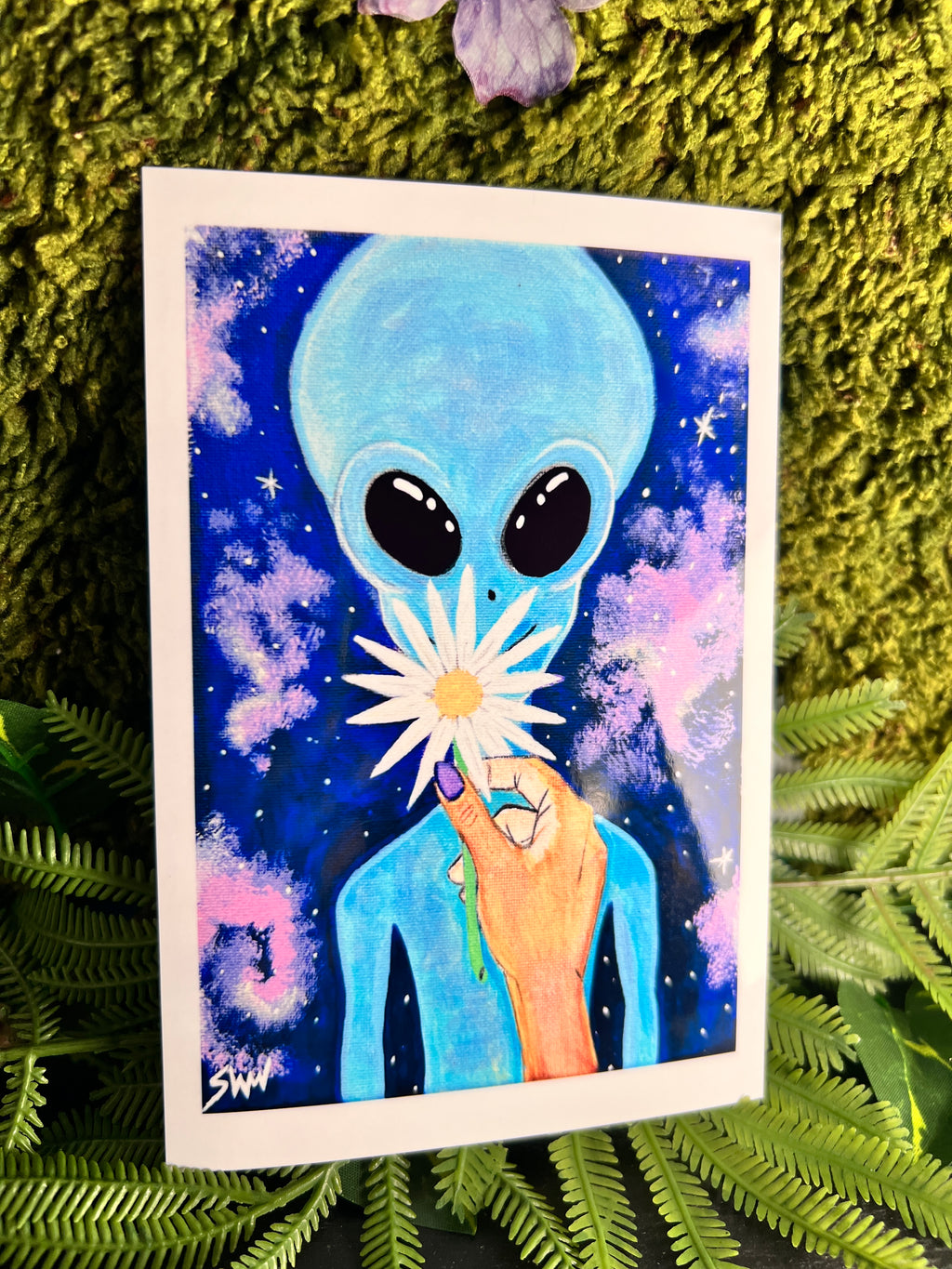 “Blue” Alien Art Print 2026 | Cosmic Blue Alien With Flower | Cel-Shaded Pop-Surrealism | 4 x 6 Inch Art Print | SWCreationZ