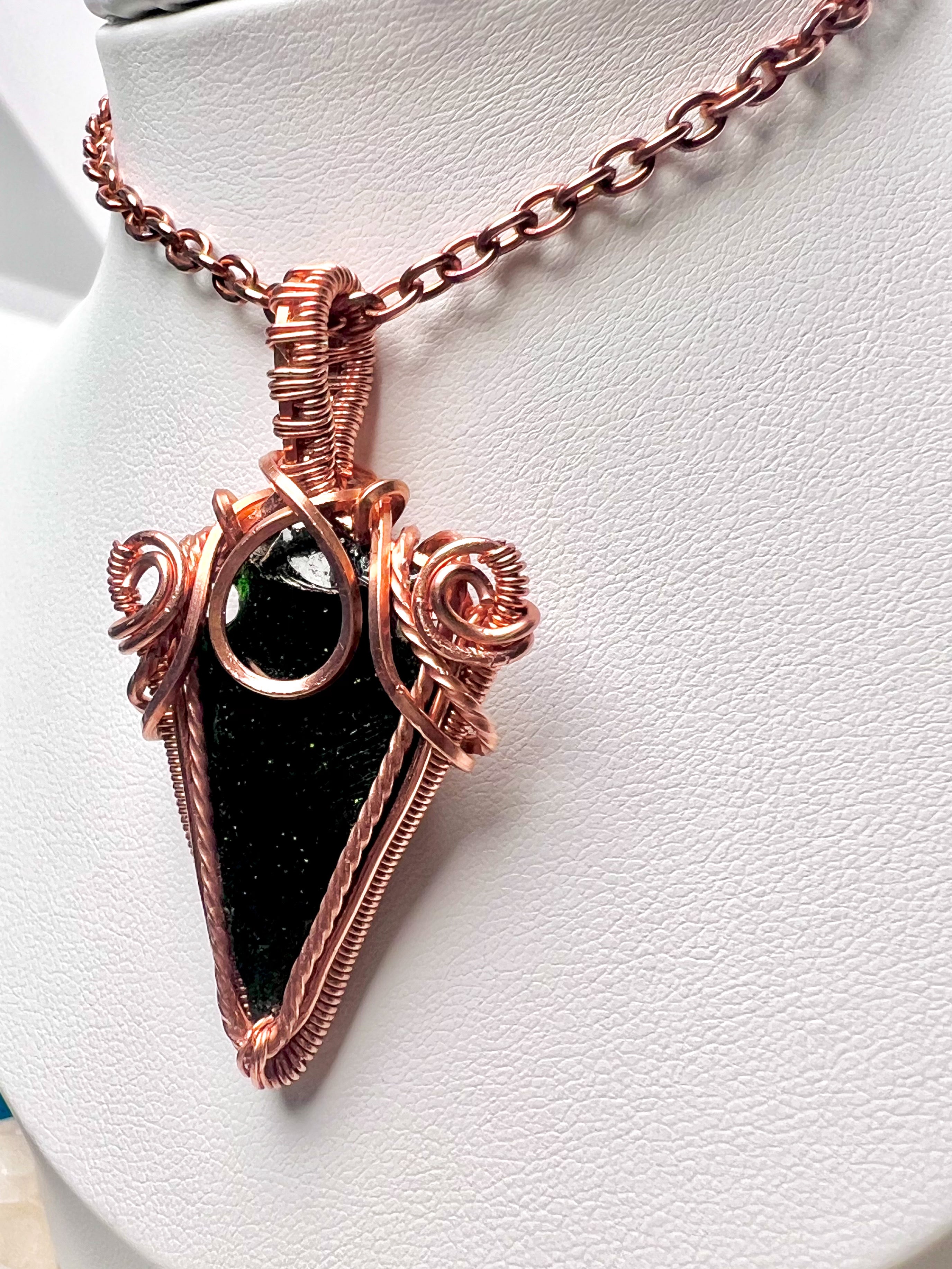 Two Way Unique Green Goldstone Arrowhead Necklace | Two Way Arrowhead Pendant Necklace |Copper Wire Wrapped | Gift for Him