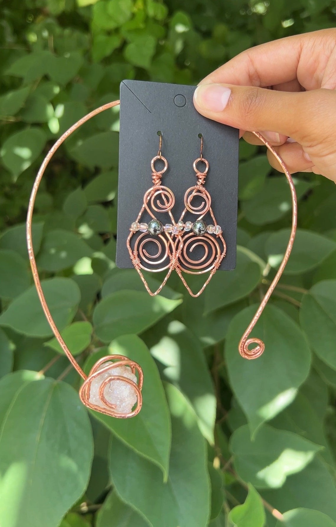 Hematite & Glass Bead Earring and Neck Cuff Jewelry Set | Copper Jewelry Set