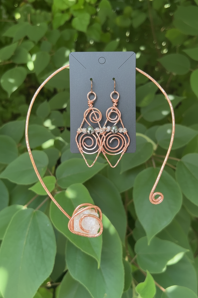 Hematite & Glass Bead Earring and Neck Cuff Jewelry Set | Copper Jewelry Set