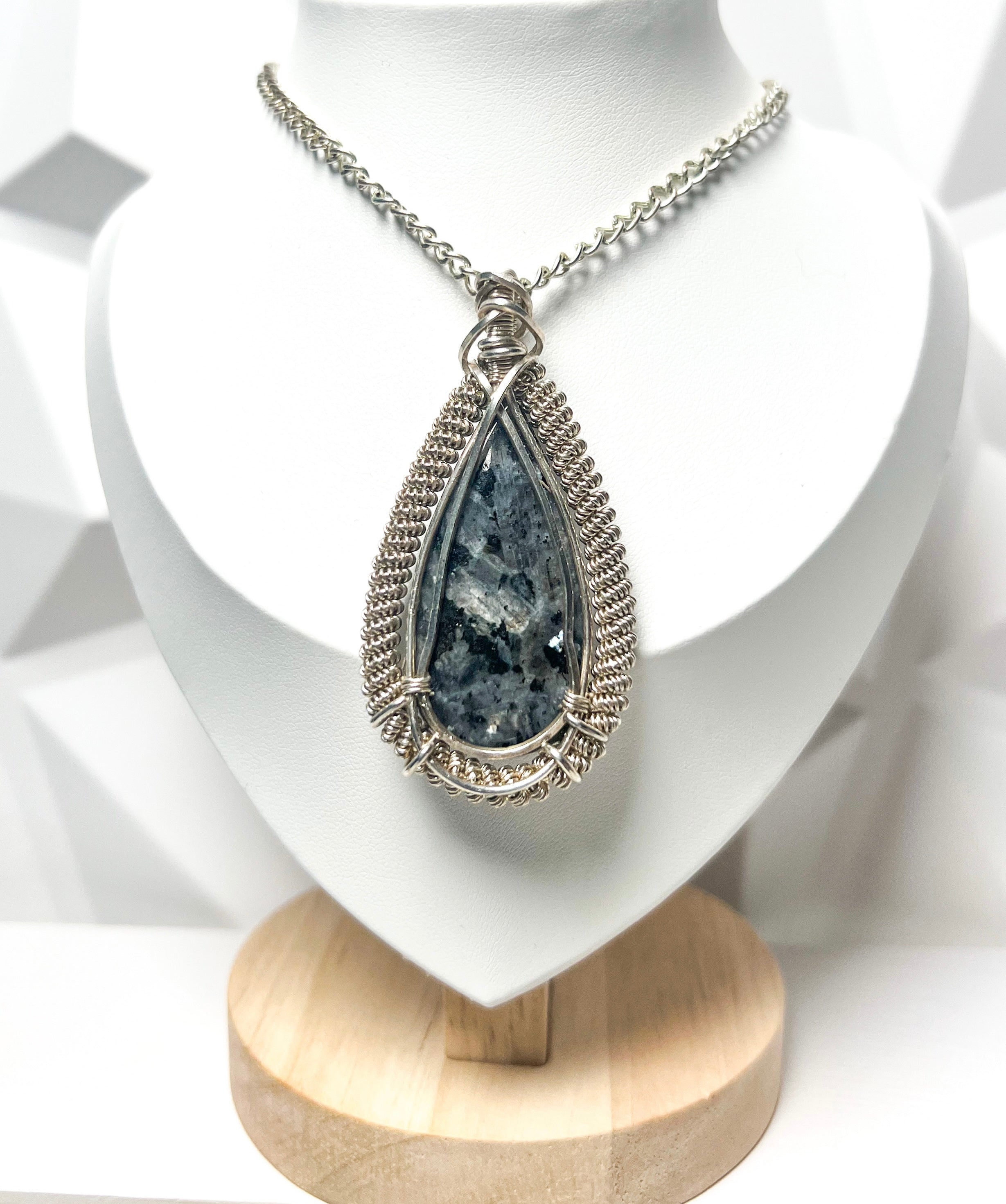 Large Sterling Silver Wire-Wrapped Larvikite Pendant | Handmade Teardrop Necklace