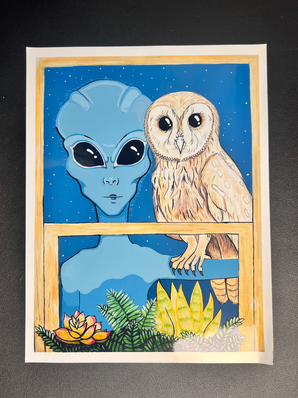 “The Watcher” 2025 Art Print | Alien and Owl Art Print | Alien and Owl in Window