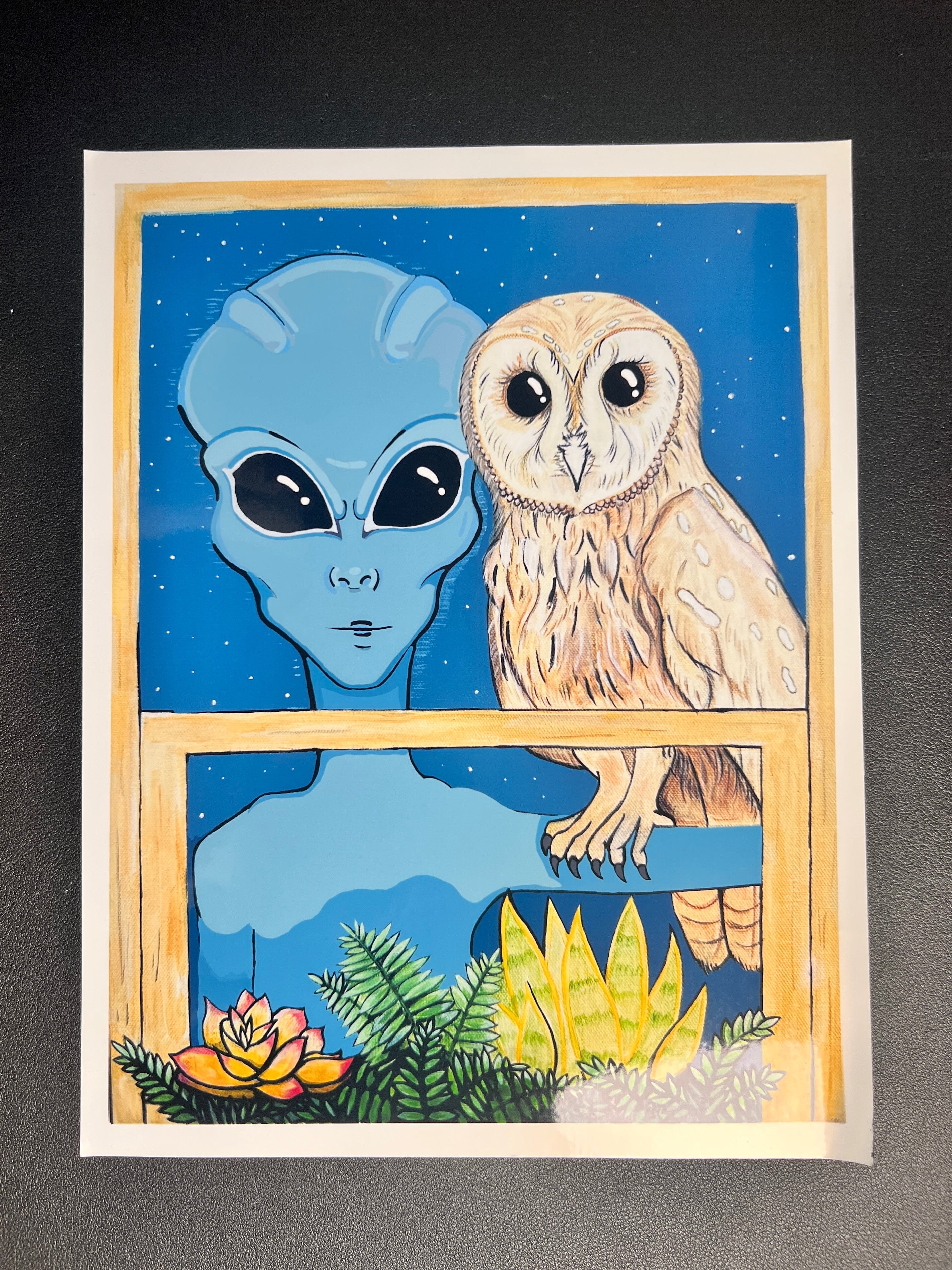 “The Watcher” 2025 Art Print | Alien and Owl Art Print | Alien and Owl in Window