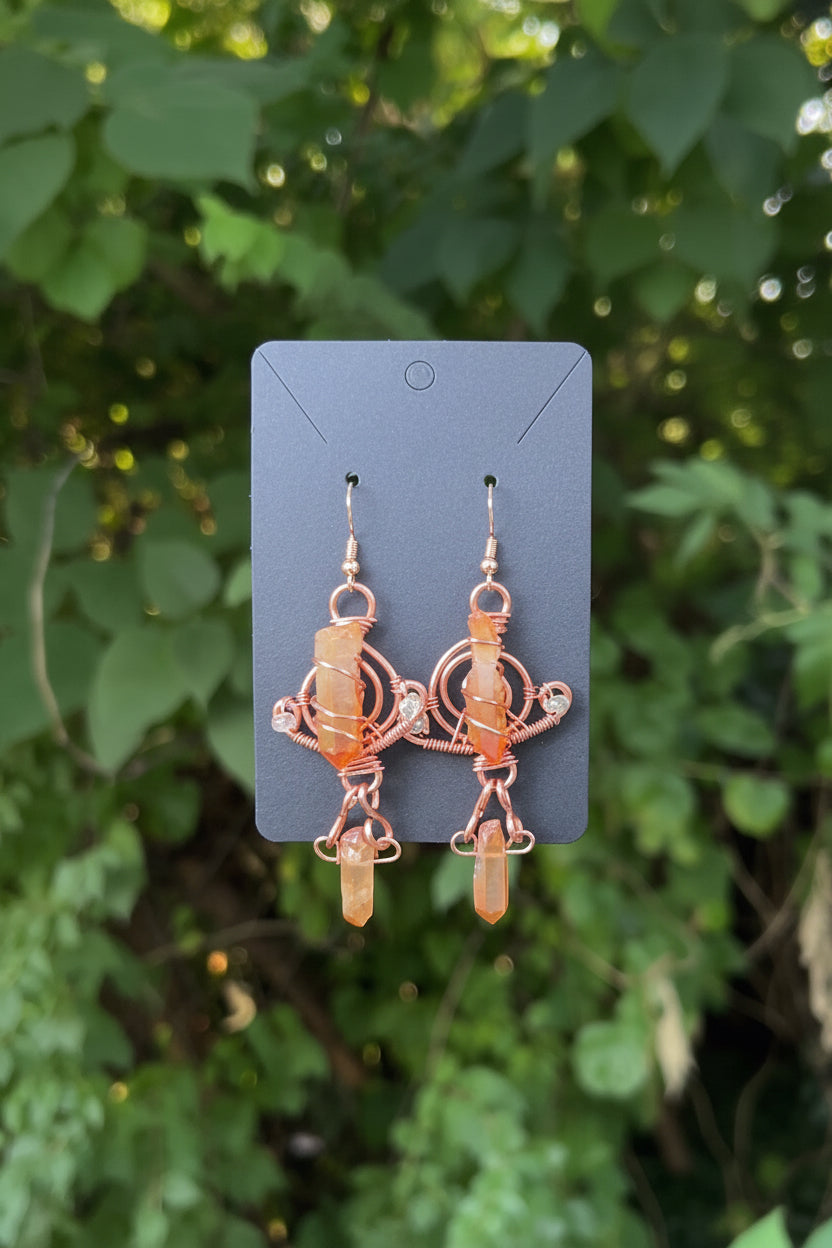 Orange Aura Quartz Copper Earrings | Wire-Wrapped Gemstone Dangle | Sealed Copper |SWCreationZ