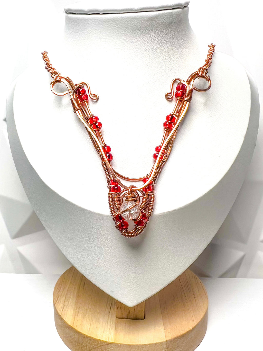 Crimson Current Necklace| Elegant Wire Wrapped Collarbone Necklace | Copper & Glass Bead Statement Necklace