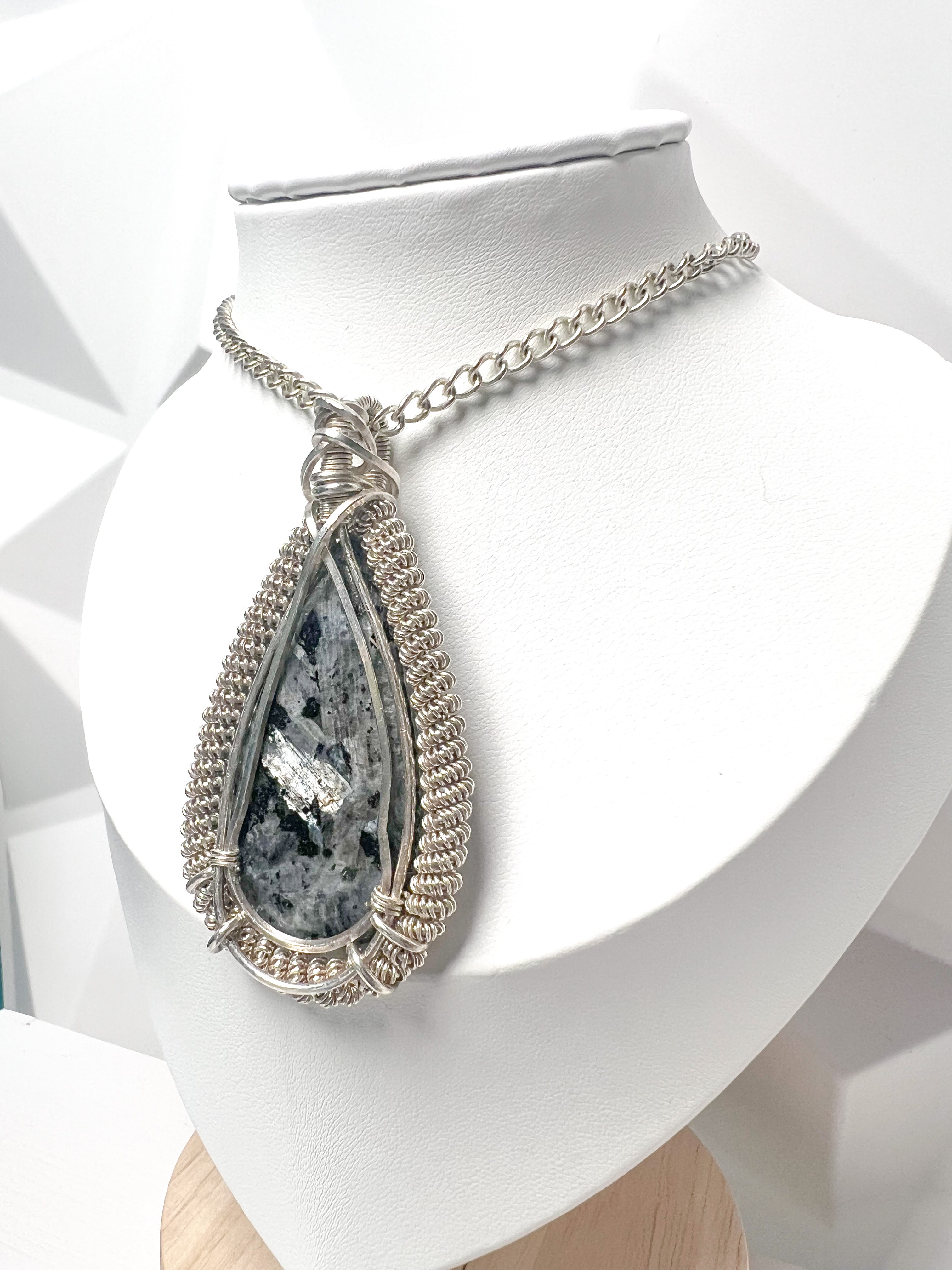 Large Sterling Silver Wire-Wrapped Larvikite Pendant | Handmade Teardrop Necklace