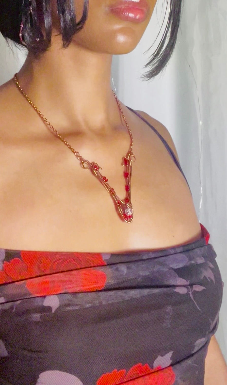 Crimson Current Necklace| Elegant Wire Wrapped Collarbone Necklace | Copper & Glass Bead Statement Necklace