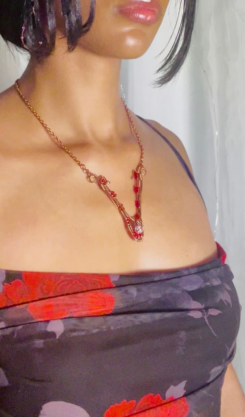 Crimson Current Necklace| Elegant Wire Wrapped Collarbone Necklace | Copper & Glass Bead Statement Necklace