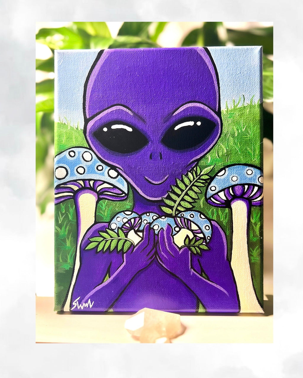 “The Mushroom Keeper” 2026 | Acrylic Painting of a Cute Purple Alien Holding Mushrooms