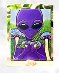 “The Mushroom Keeper” 2026 | Acrylic Painting of a Cute Purple Alien Holding Mushrooms