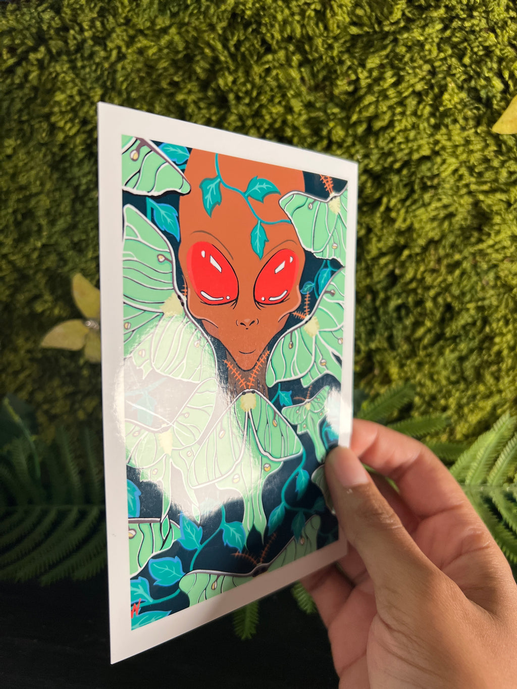 4x6in Nocturnal Luna Moth Alien Art Print 2026 | Insectoid Red Eyed Alien | Cel-Shaded Cosmic Art | SWCreationZ