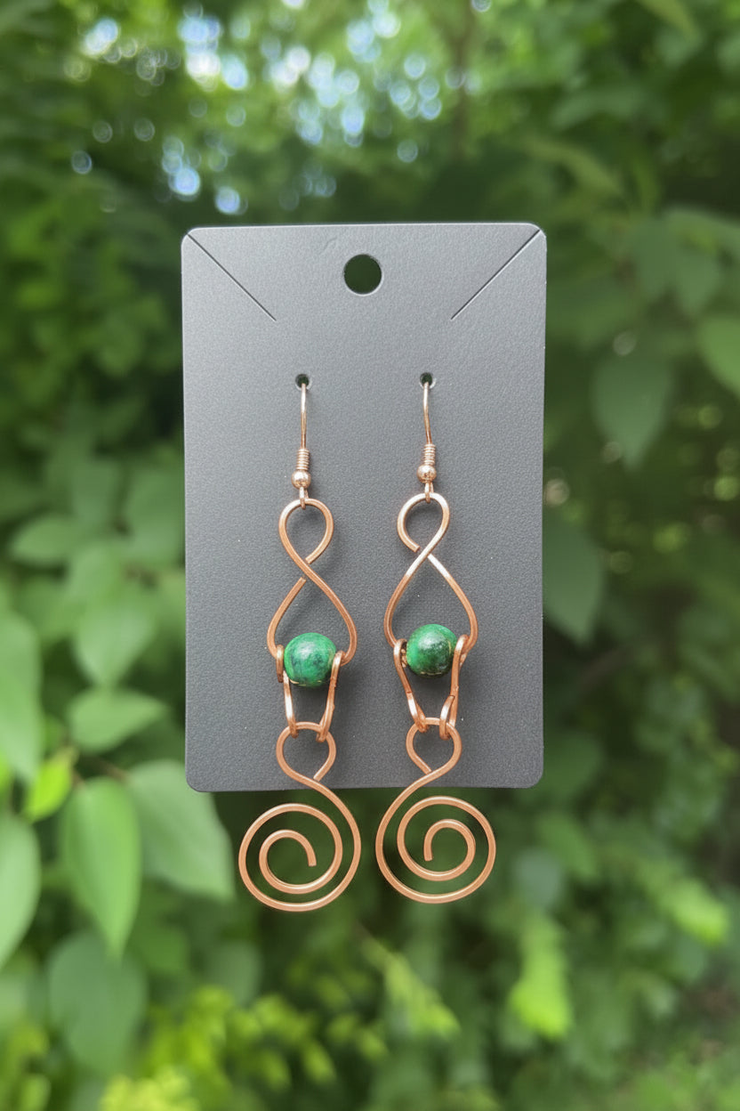 Copper Earrings Feature Infinity Spirals| Copper & Green Dyed Tigers Eye Earrings