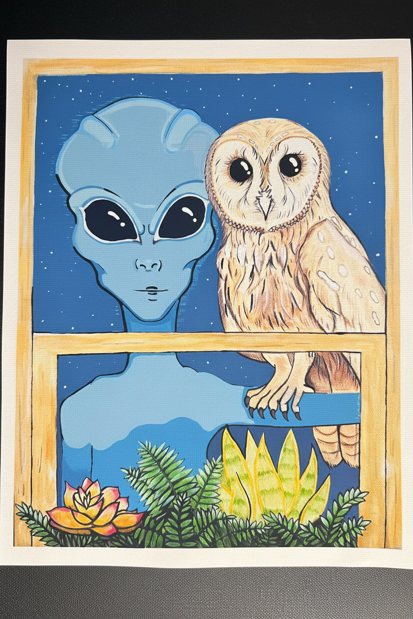 “The Watcher” 2025 Art Print | Alien and Owl Art Print | Alien and Owl in Window
