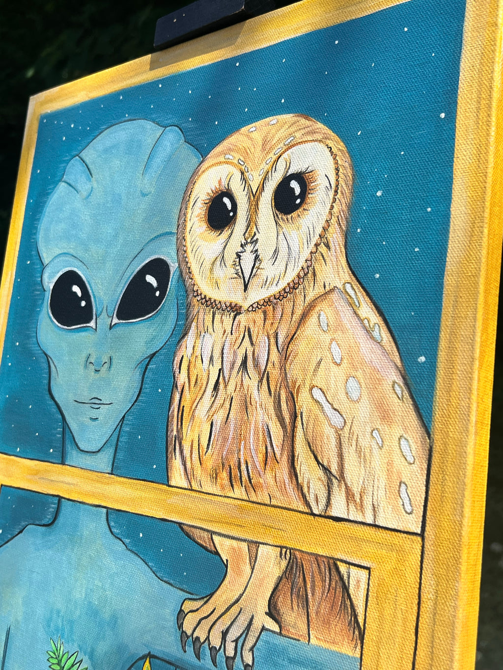 “The Watcher” 2026 | Alien and Owl Acrylic Painting | Alien and Owl peering into window