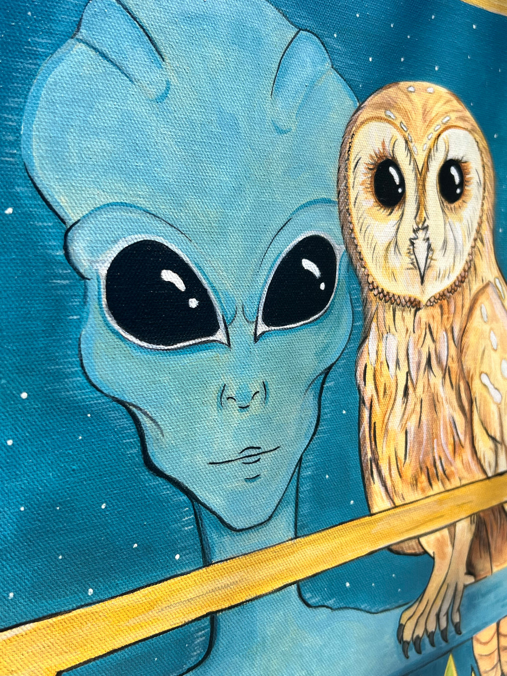 “The Watcher” 2026 | Alien and Owl Acrylic Painting | Alien and Owl peering into window