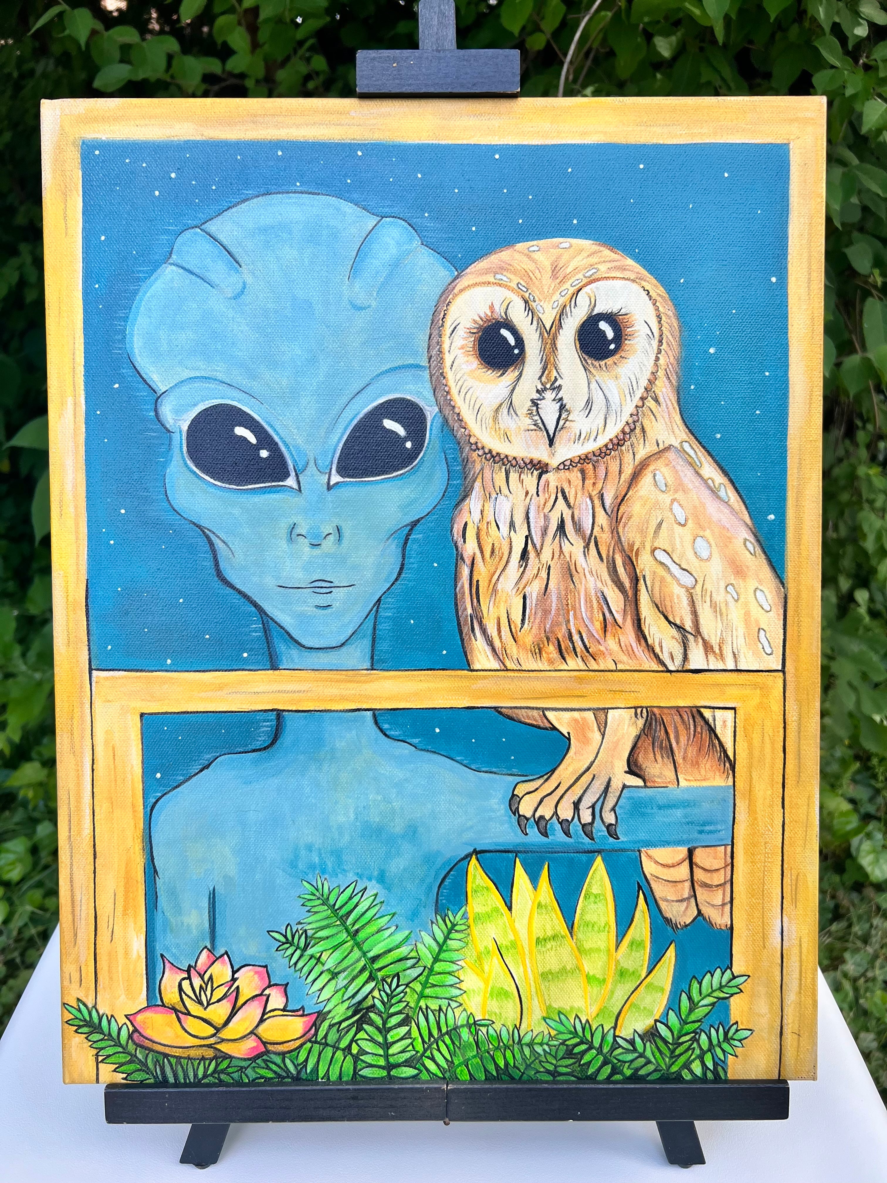 “The Watcher” 2026 | Alien and Owl Acrylic Painting | Alien and Owl peering into window