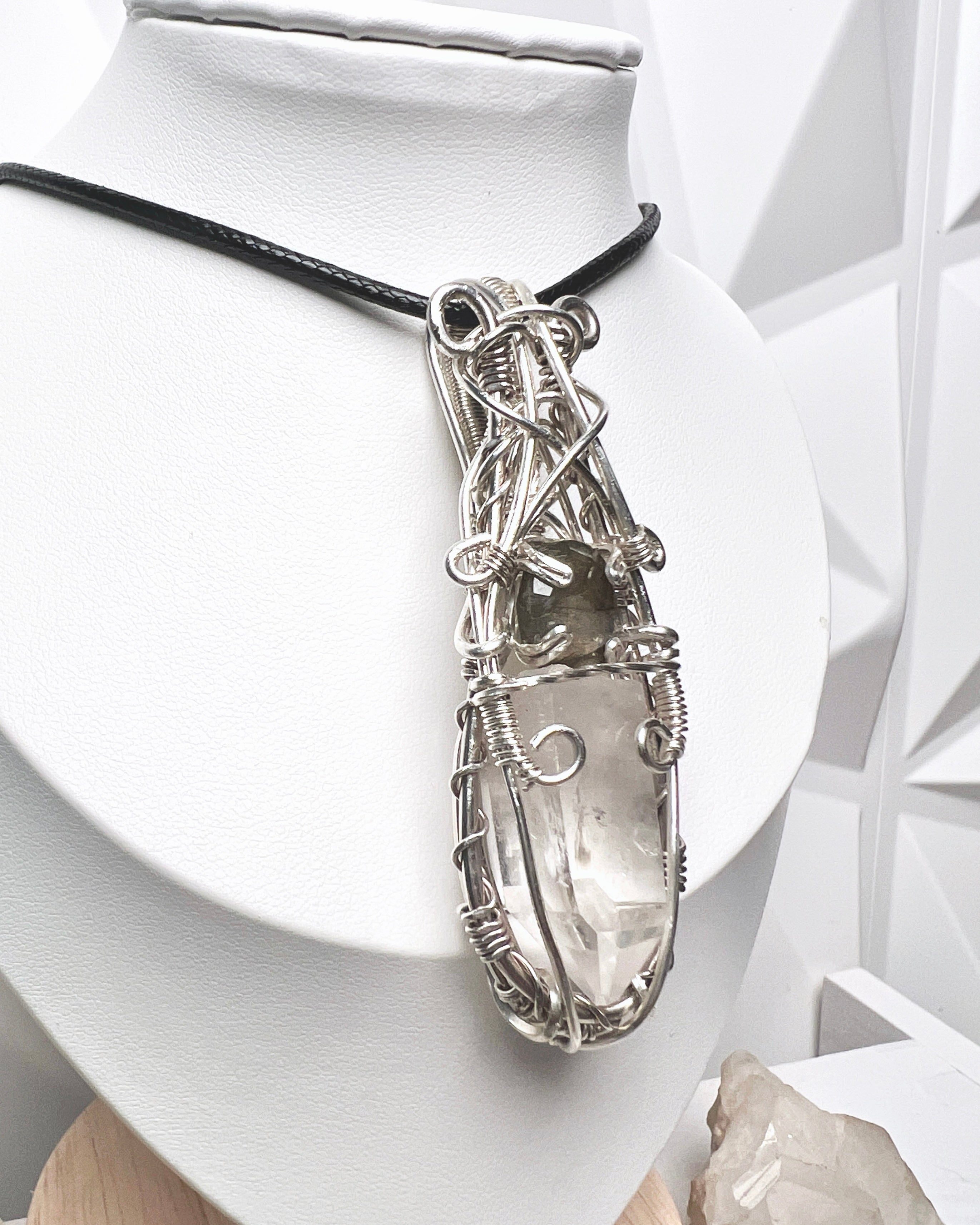 Wire Wrapped Labradorite & Clear Quartz Crystal Pendant Necklace | Handmade Boho Jewelry
