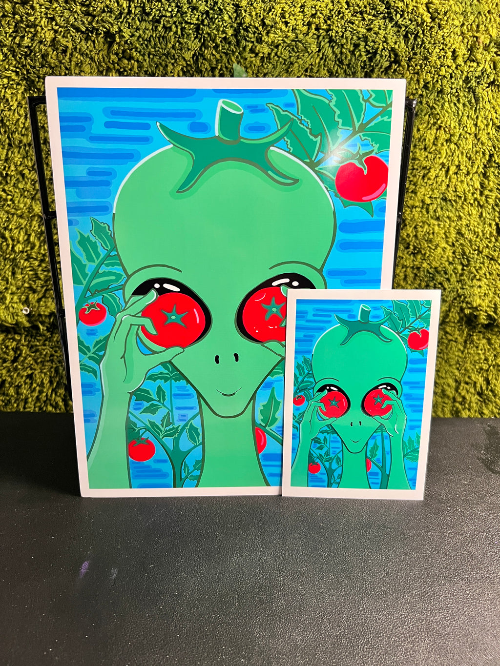 “Tomato Eyes” Alien Art Print 2026 | Cosmic Character Hold Tomatoes | Cel-Shaded Art | Multiple Sizes | SWCreationZ