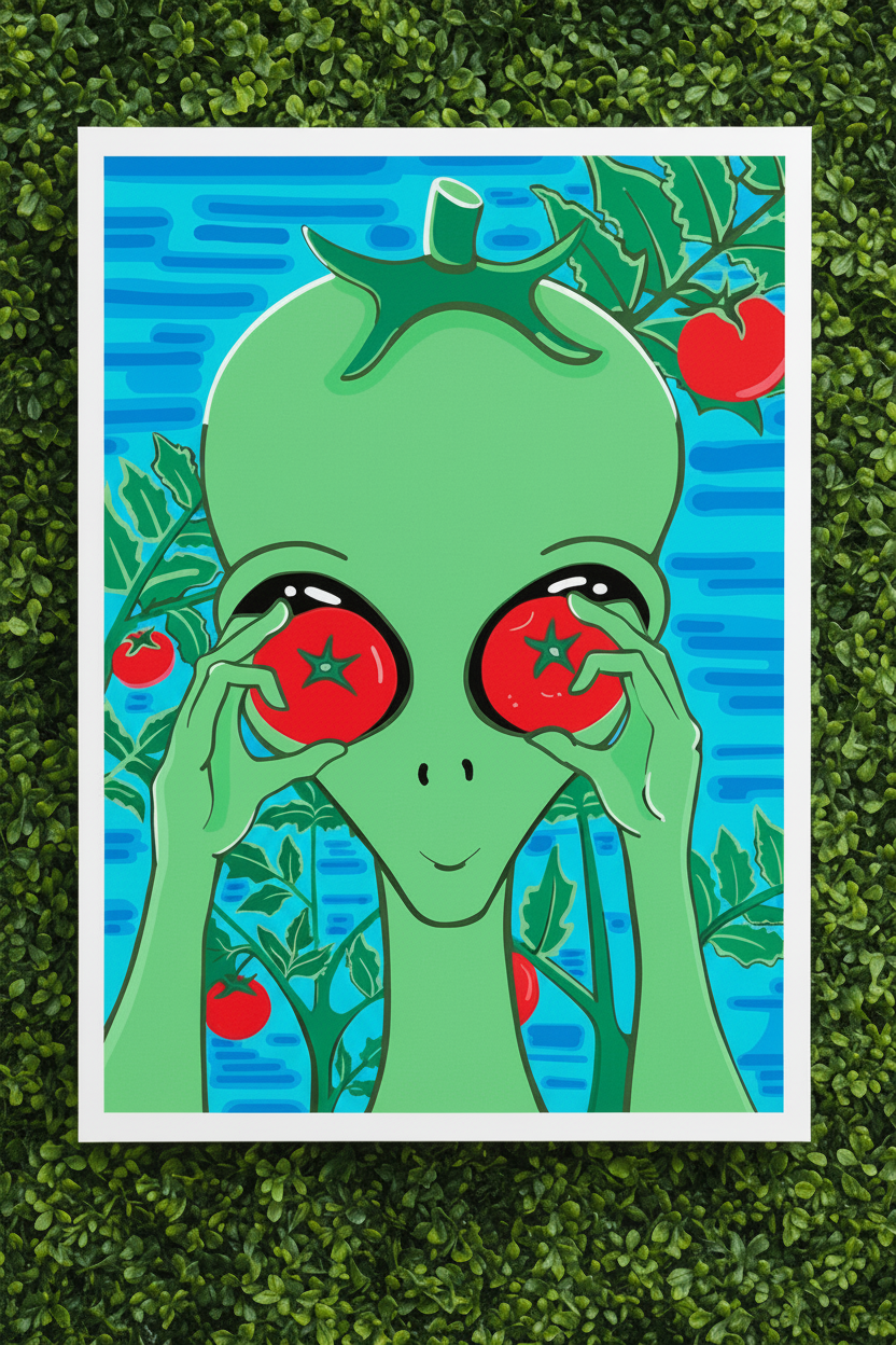 “Tomato Eyes” Alien Art Print 2026 | Cosmic Character Hold Tomatoes | Cel-Shaded Art | Multiple Sizes | SWCreationZ