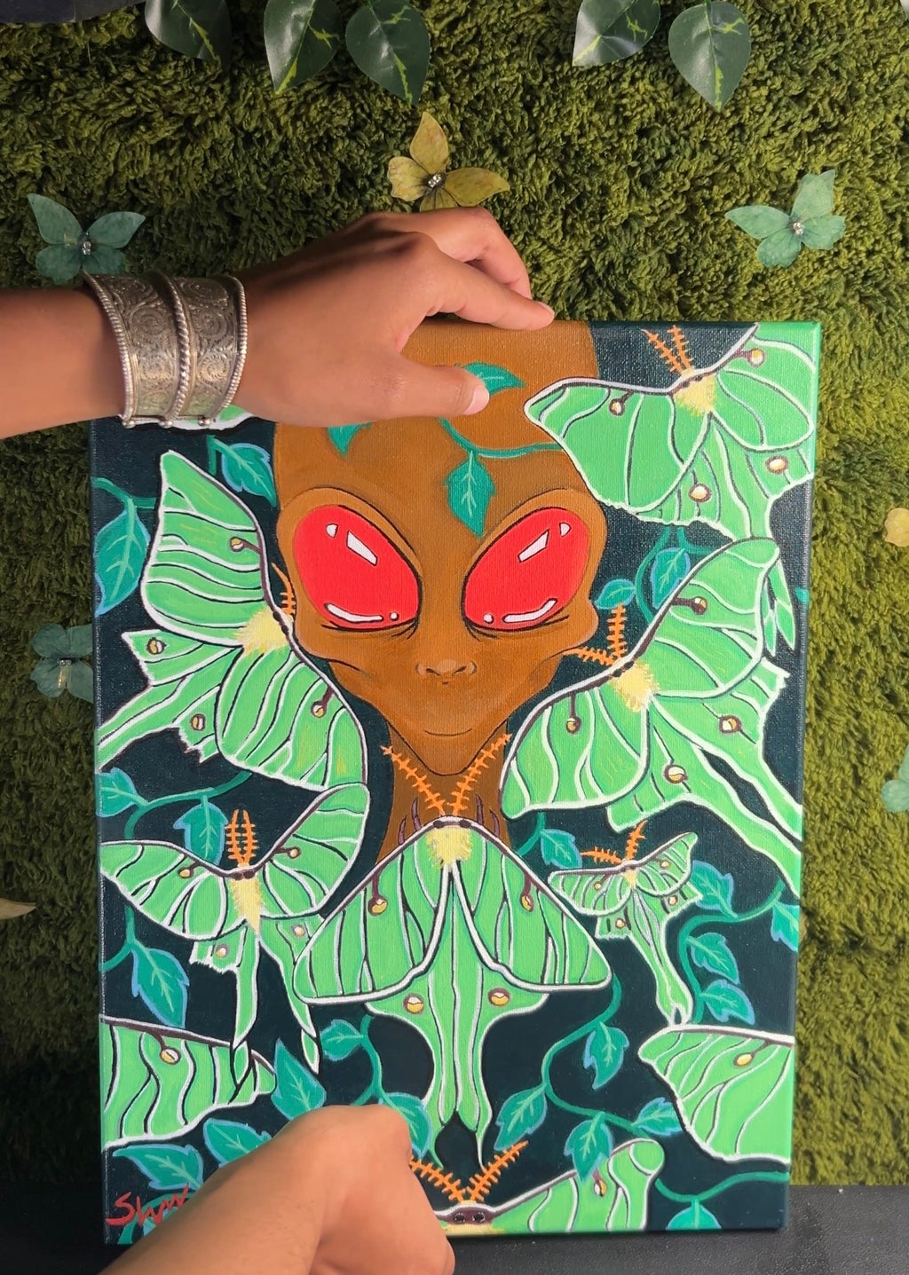 Original “Nocturnal” Painting 2026| Luna Moth and Alien Painting| Red-Eyed Insectoid | Cel-Shaded Cosmic Art | 12 x 16 in Acrylic on Stretch Canvas| SWcreationZ