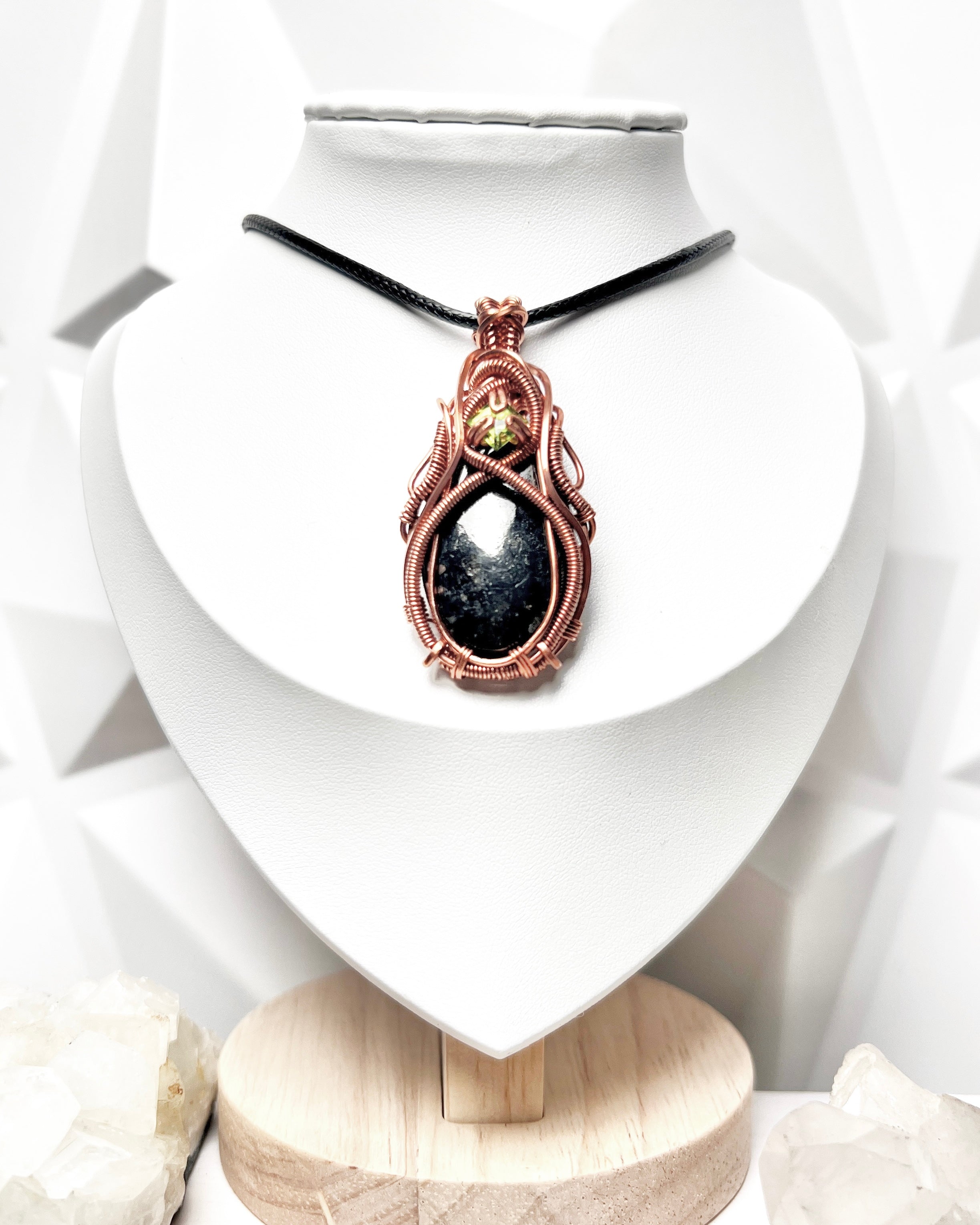 Nuummite & Peridot Pendant Necklace Wrapped in Pure Copper | Handmade Copper Wire Wrapped Nuummite Pendant with Peridot Accent