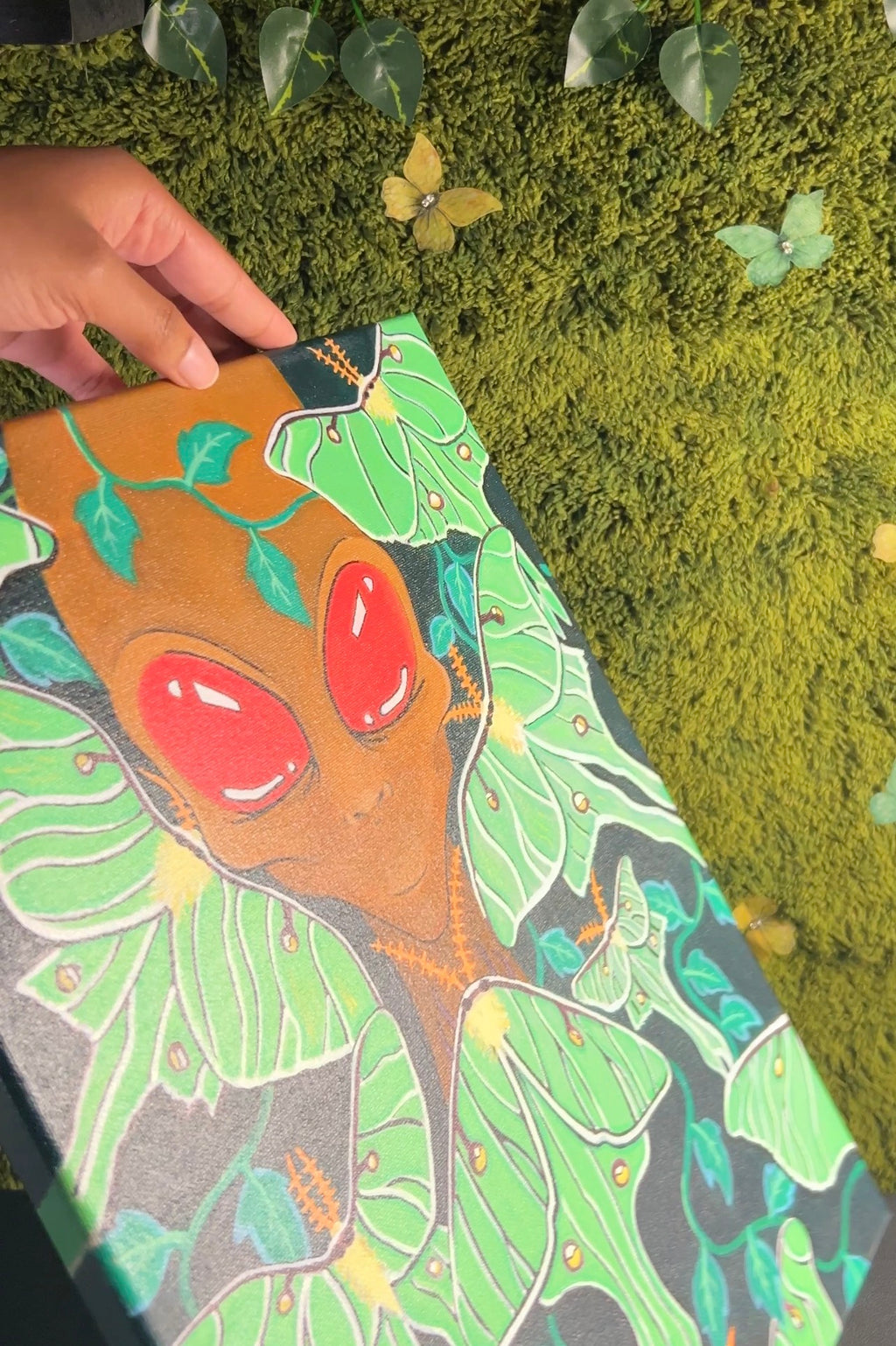 Original “Nocturnal” Painting 2026| Luna Moth and Alien Painting| Red-Eyed Insectoid | Cel-Shaded Cosmic Art | 12 x 16 in Acrylic on Stretch Canvas| SWcreationZ