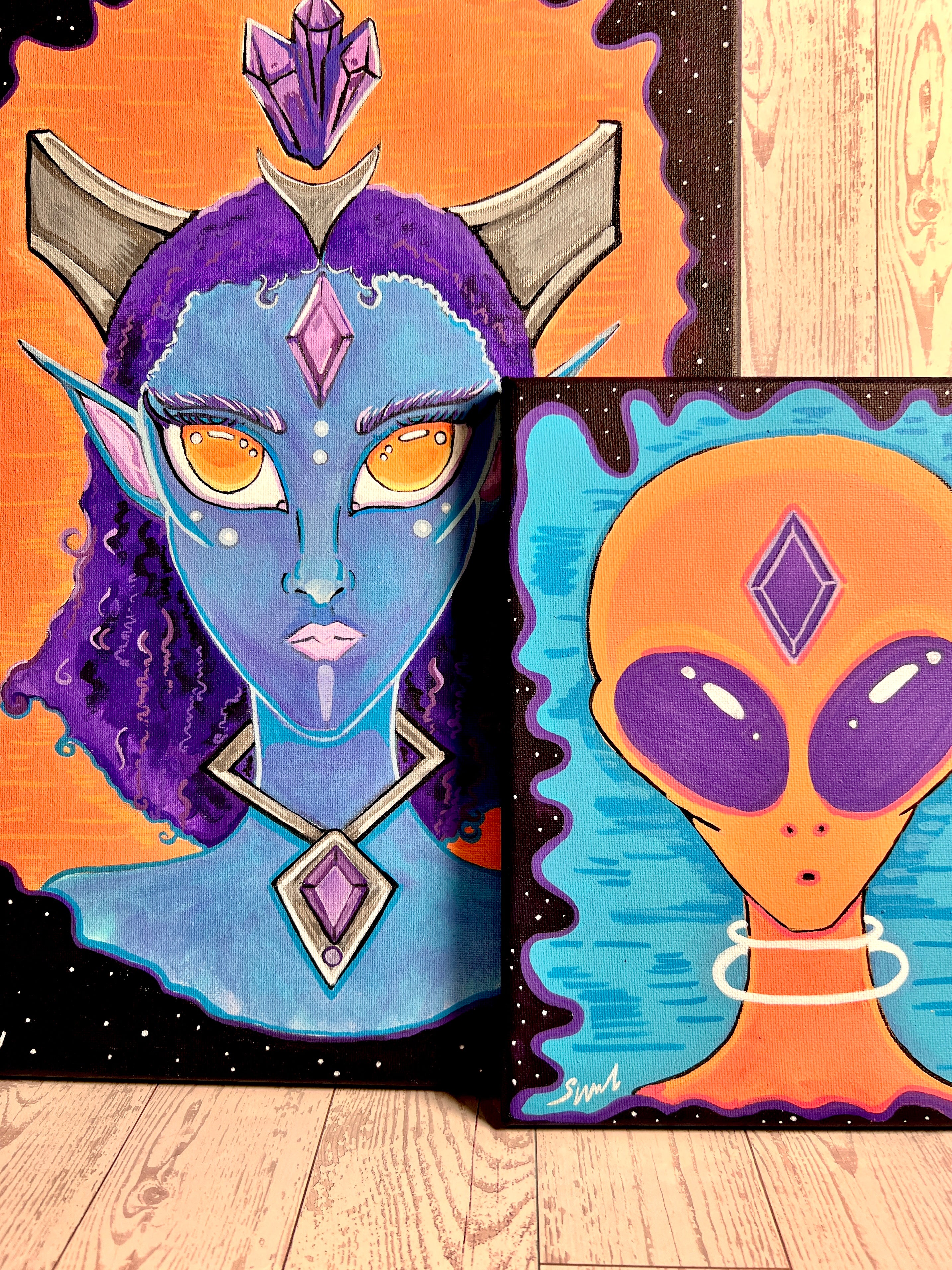 “Andra the Celestial Queen” 2026 | Blue Alien Hybrid With Purple Hair and Orange Eyes| Painting of Blue Andromedan | Original SWCreationz Painting