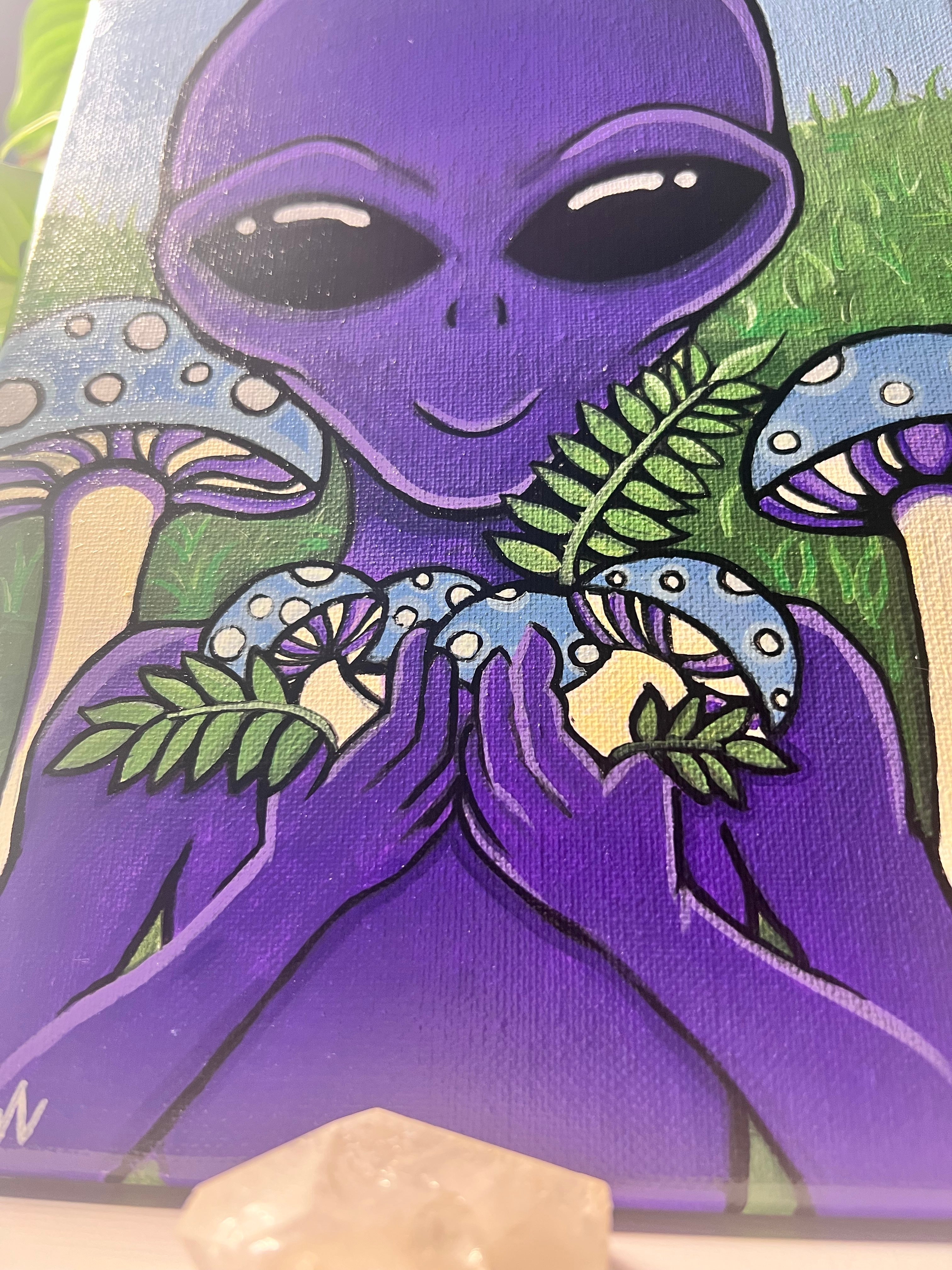 “The Mushroom Keeper” 2026 | Acrylic Painting of a Cute Purple Alien Holding Mushrooms