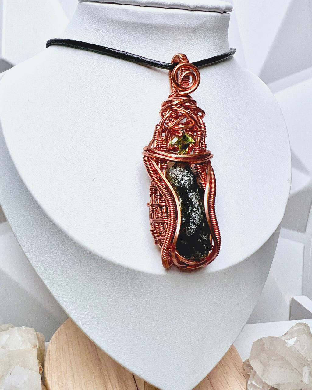 Raw Moldavite & Peridot Copper Wire Wrap Pendant | Handmade Copper Wire Wrapped Raw Moldavite Necklace with Peridot Accent