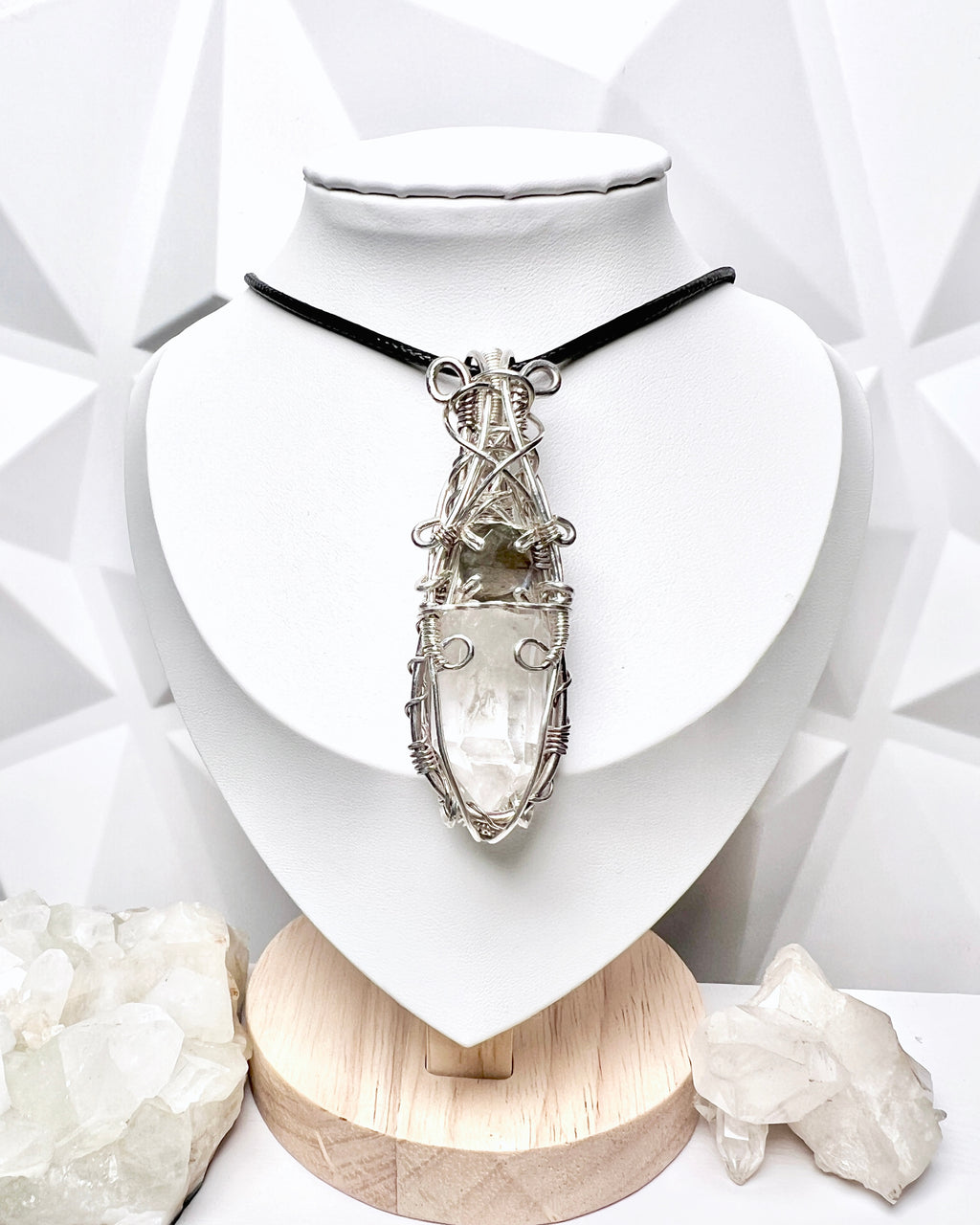 Wire Wrapped Labradorite & Clear Quartz Crystal Pendant Necklace | Handmade Boho Jewelry