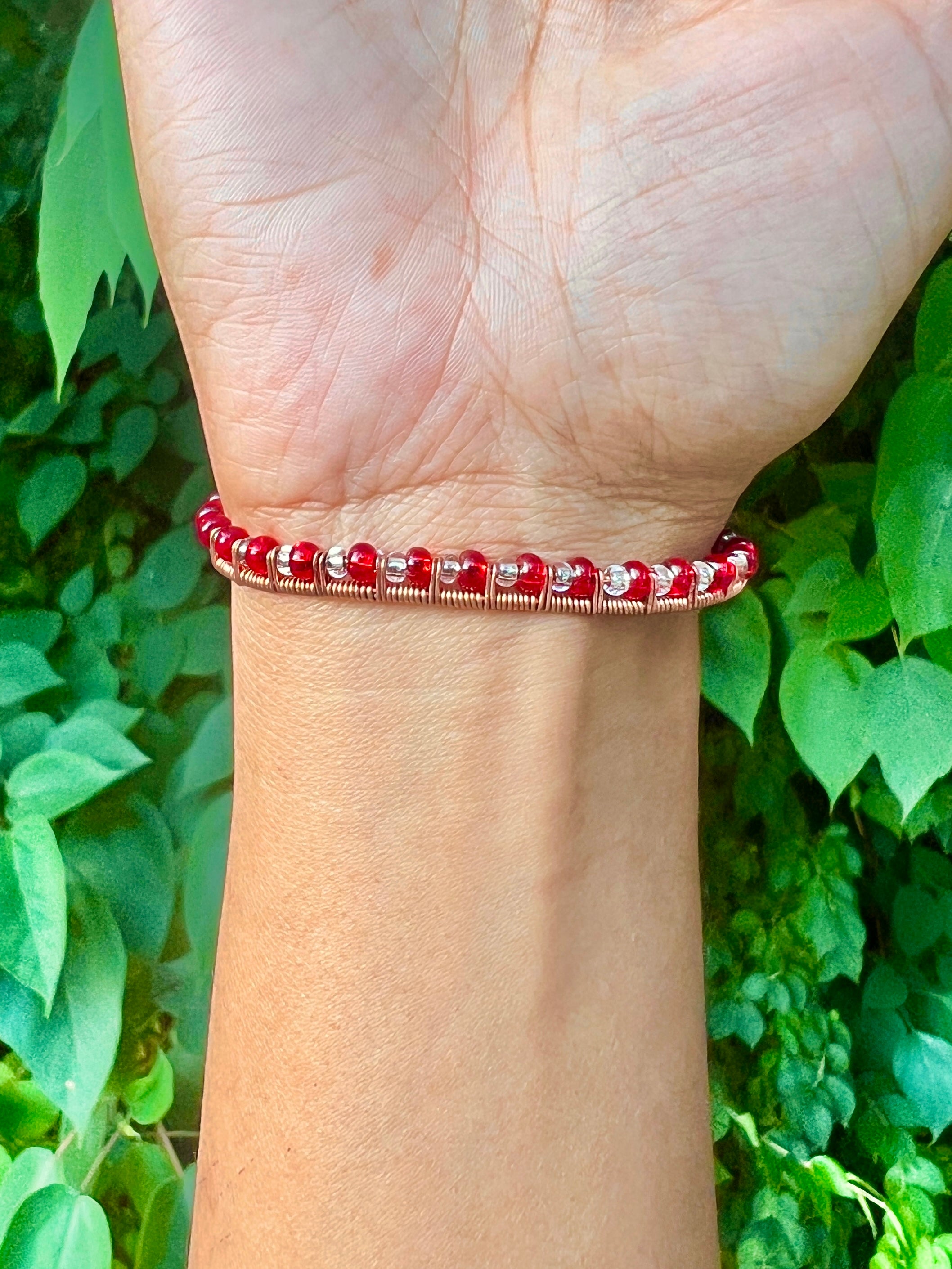 Red & Clear Glass Bead Wire-Wrapped Copper Cuff Bracelet | Handmade Adjustable Bracelet
