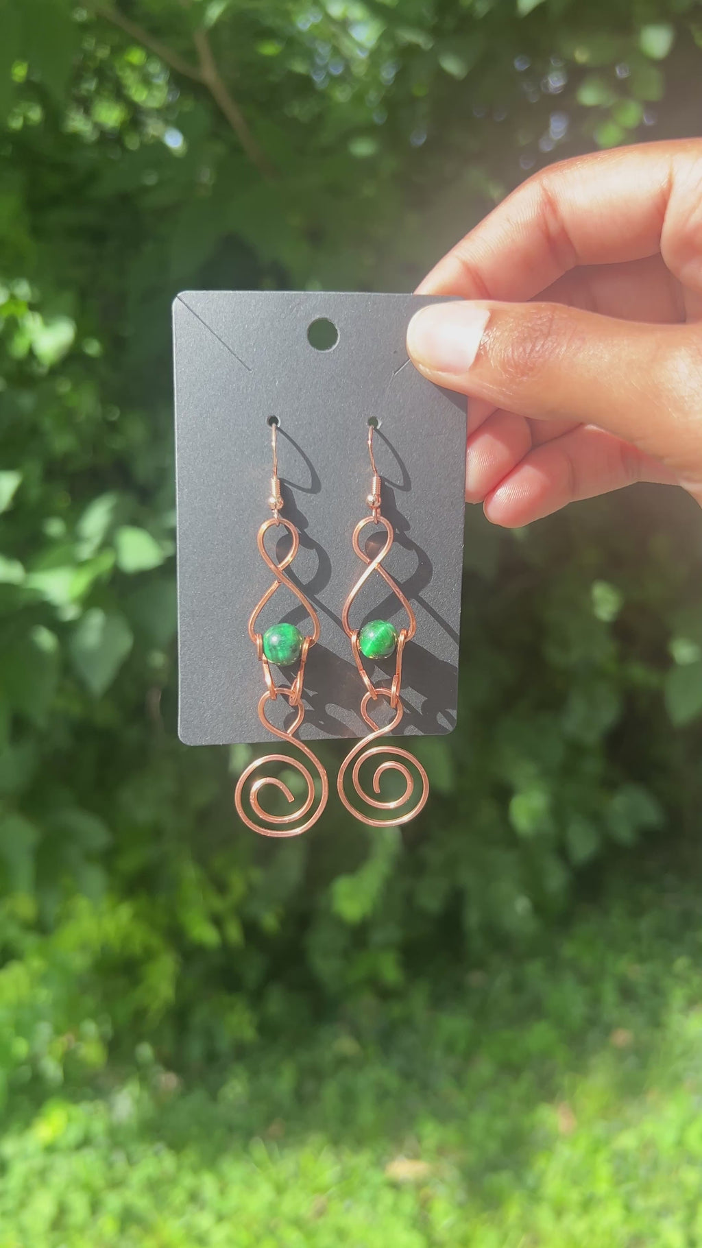 Copper Earrings Feature Infinity Spirals| Copper & Green Dyed Tigers Eye Earrings