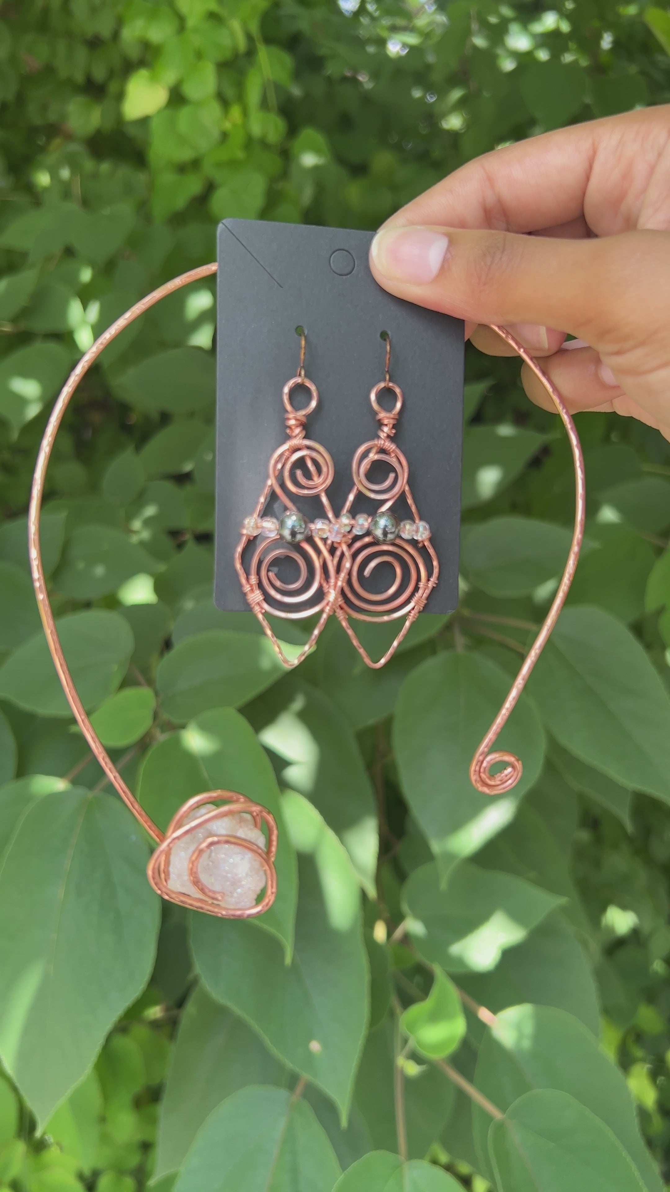 Hematite & Glass Bead Earring and Neck Cuff Jewelry Set | Copper Jewelry Set