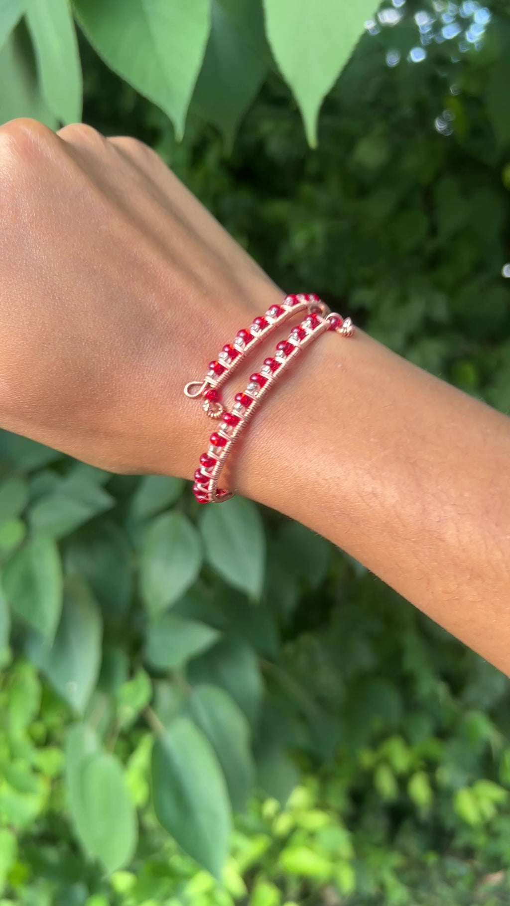 Red & Clear Glass Bead Wire-Wrapped Copper Cuff Bracelet | Handmade Adjustable Bracelet