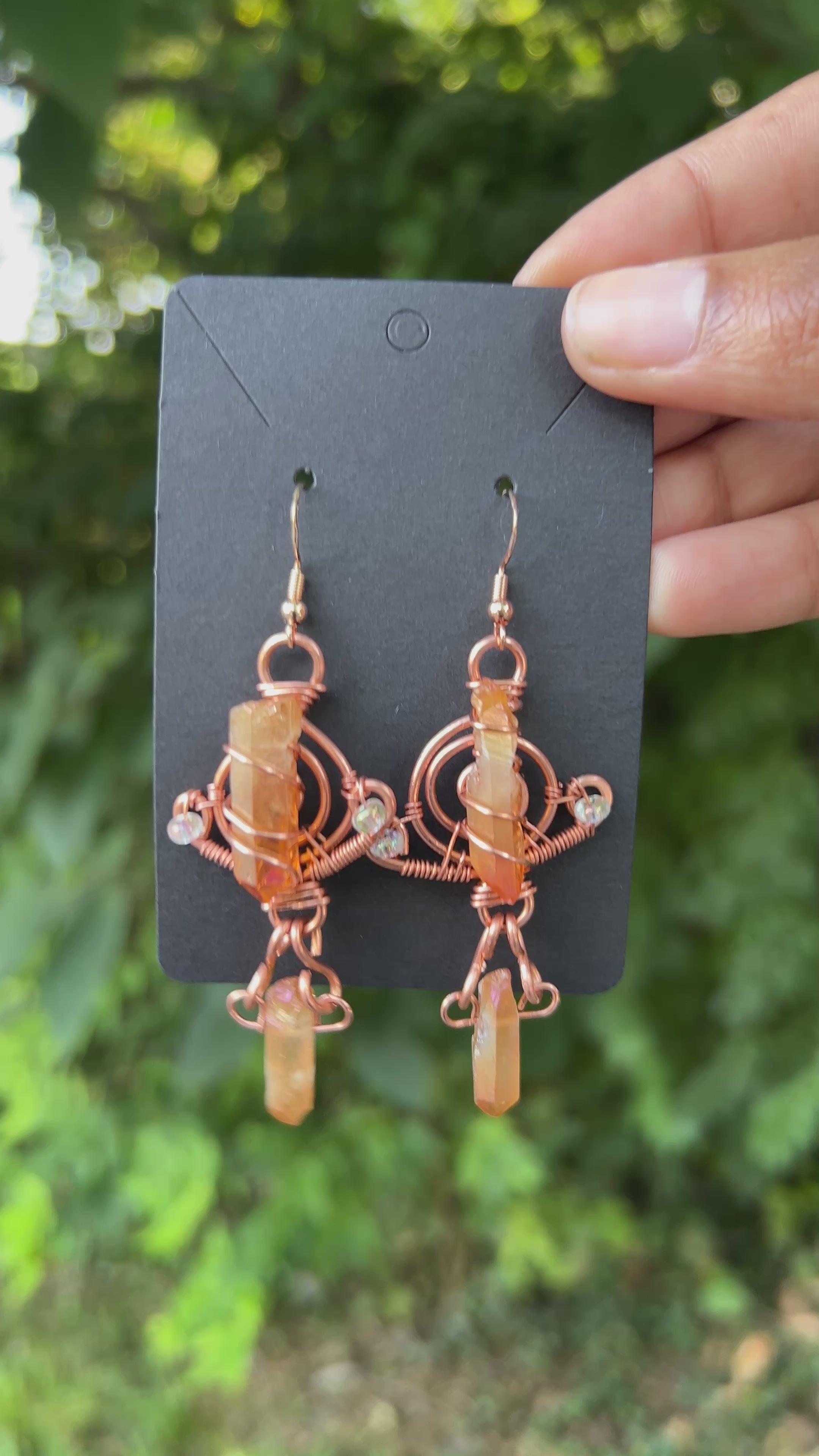 Orange Aura Quartz Copper Earrings | Wire-Wrapped Gemstone Dangle | Sealed Copper |SWCreationZ